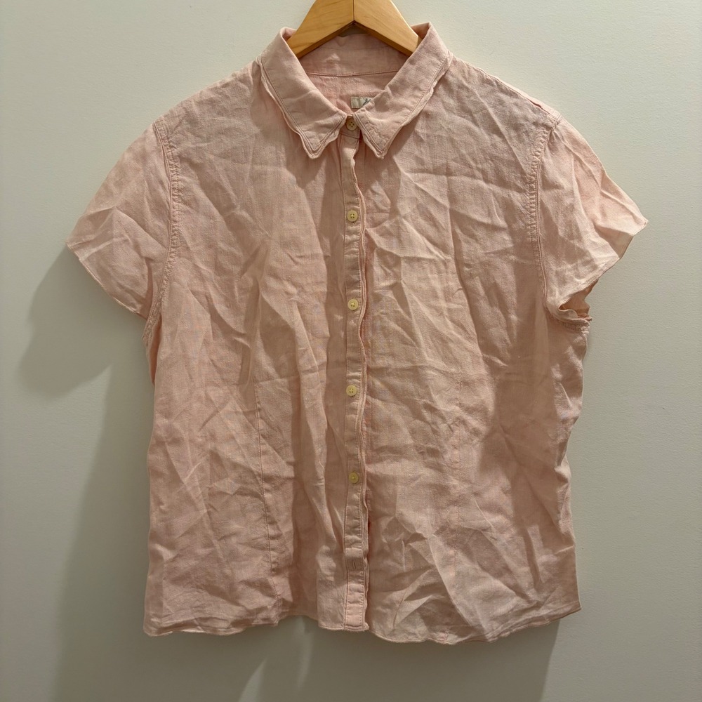 J. Jill Womens XL Pink 100% Linen Short Sleeve Button Down Shirt Classic Top